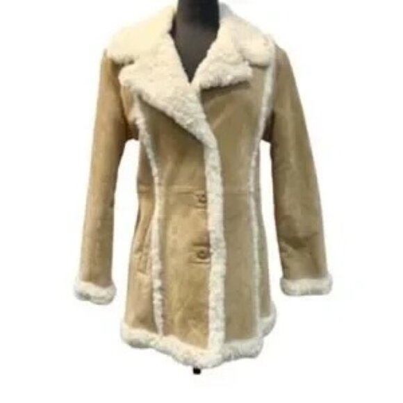 Wilsons Leather Jackets & Blazers - Wilsons Womens Vintage Beige Leather Suede Faux Fur Maxima Button Up Coat Jacket